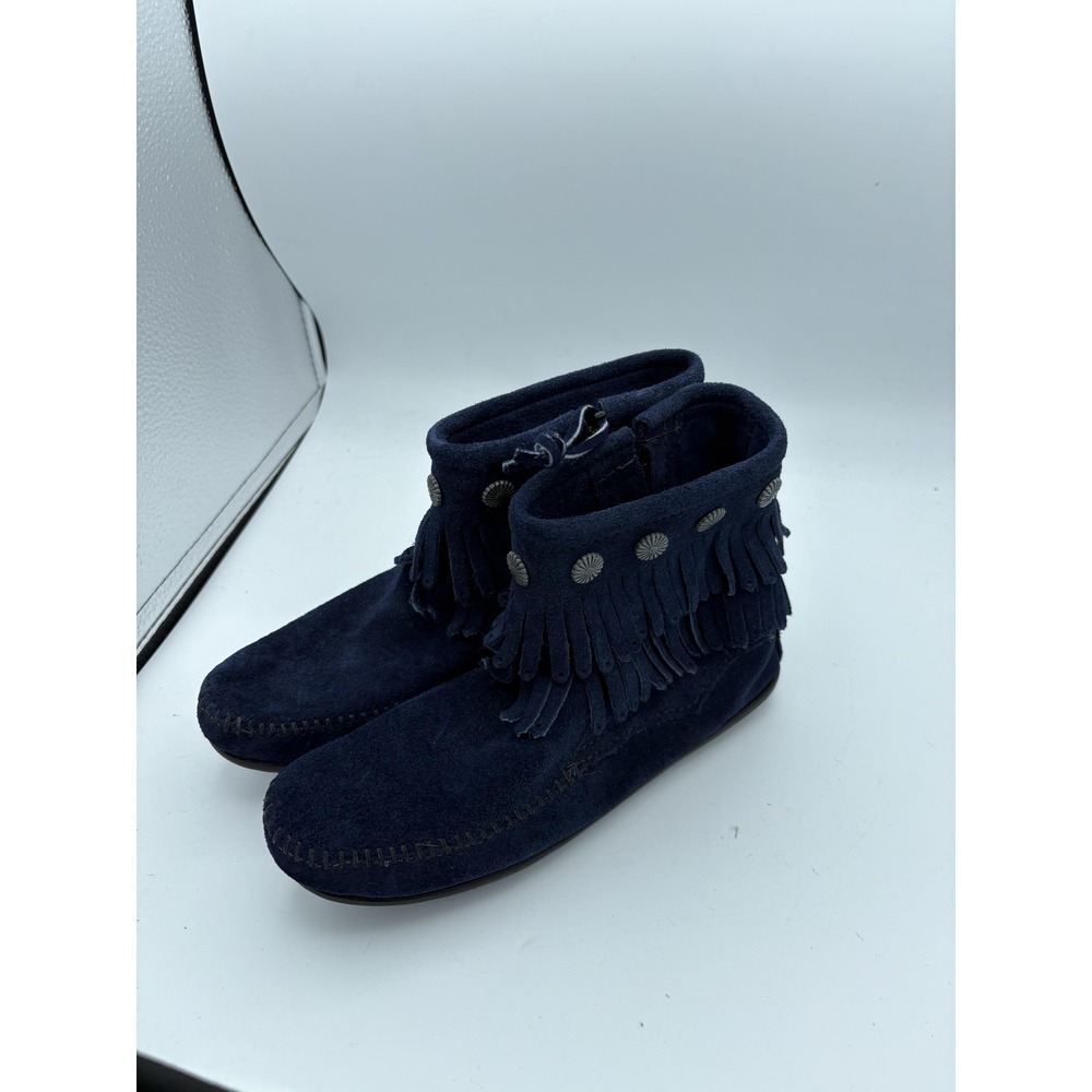 Minnetonka Boots Womens Size 5 Blue Suede Fringe Ankle Moccasin Booties Western